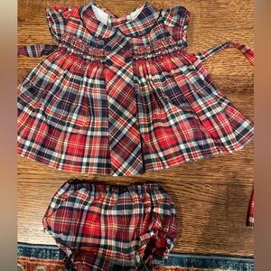 BNWT La Coqueta Red Arcadia Tartan Smocked Baby Set, 12 months